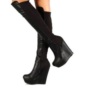 Bamboo Knee High Wedge Boots Black Size 8